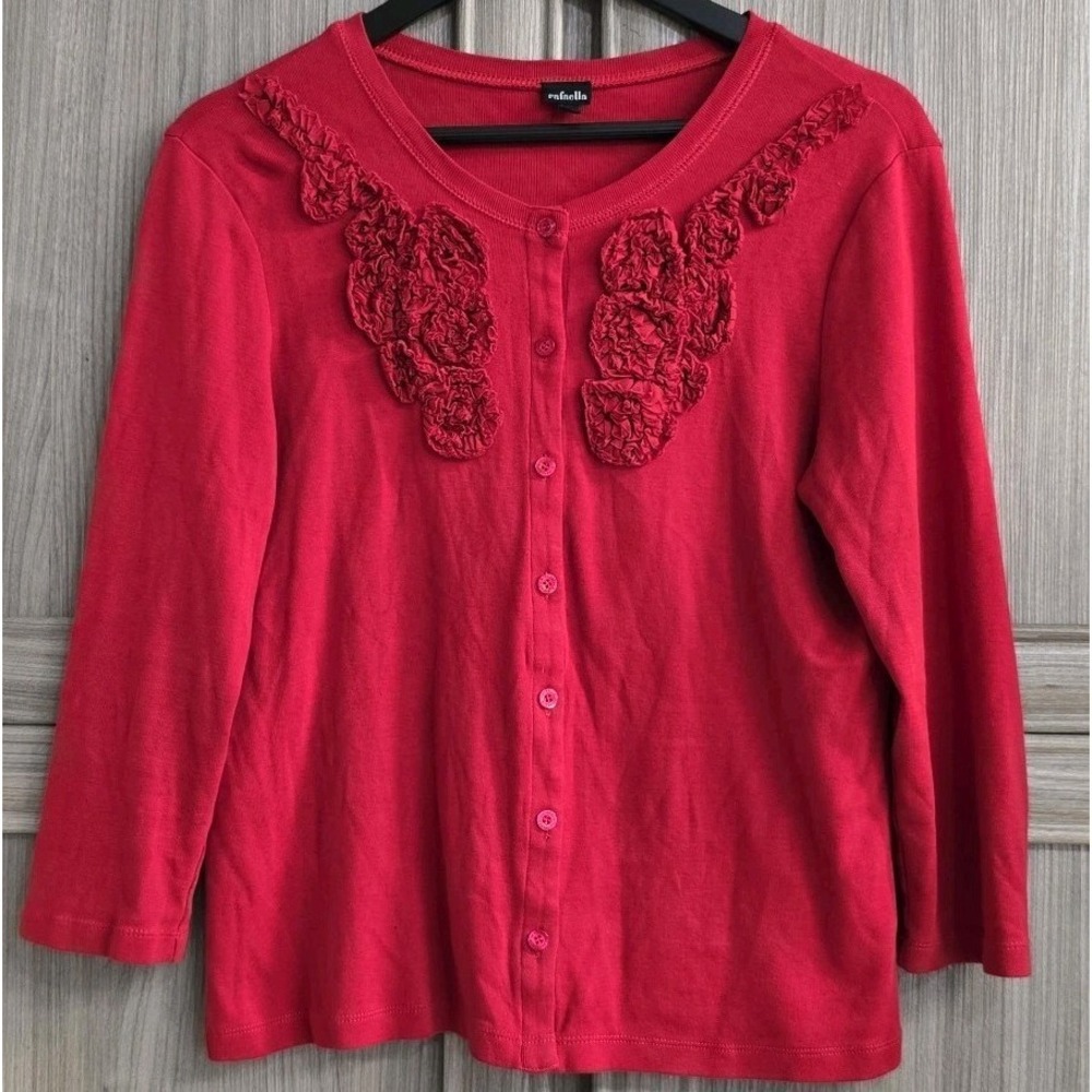 Red Ruffle Rose Rafuela Sweater Womens Large Button Up Cotton